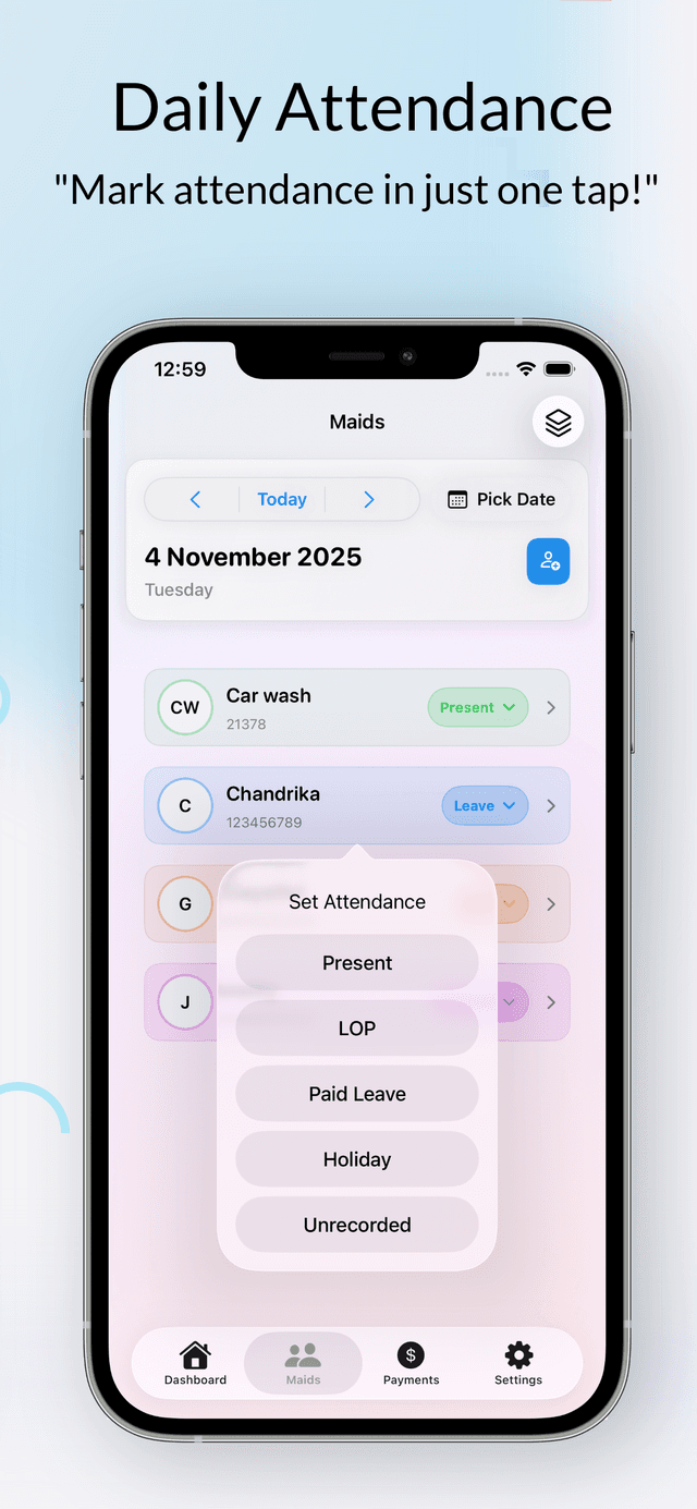 MaidCircle Attendance Tracking - Mark attendance with a single tap